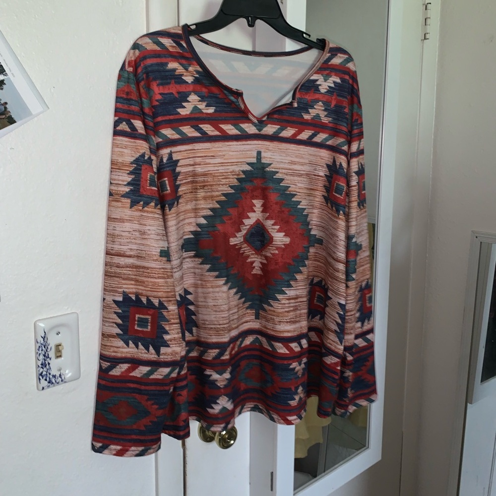 Tan and Red Geometric V-Neck Long Sleeve Top